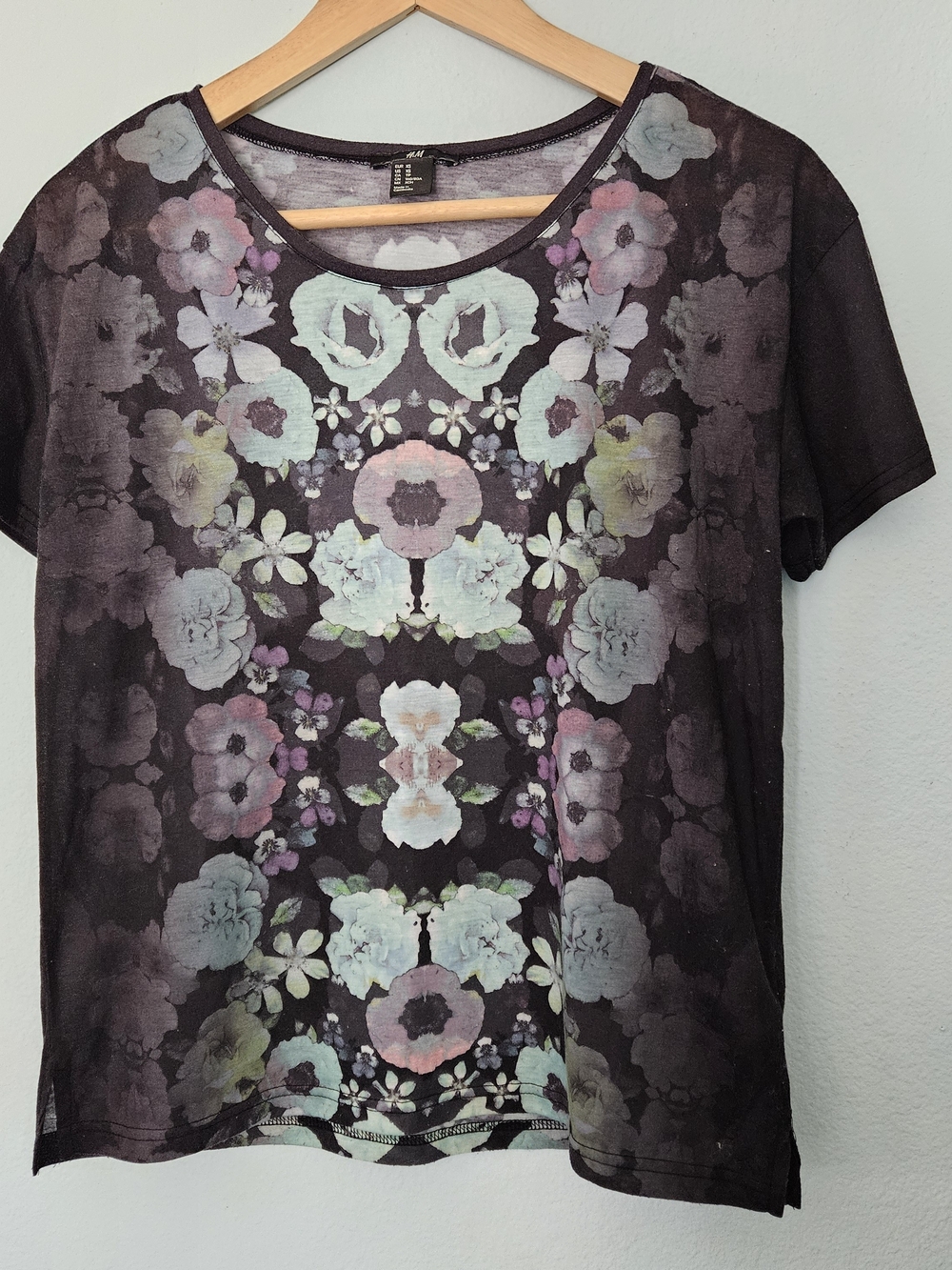 H&M Black Short Sleeve Tee with Pastel Floral Mirror Print